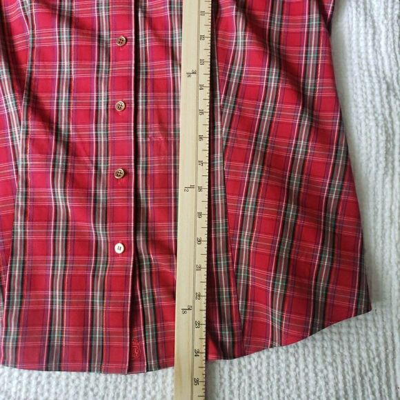Talbots Non Iron Shirt Top Tartan Red Plaid Gold Button Holiday Womens Size 6p - Picture 9 of 10